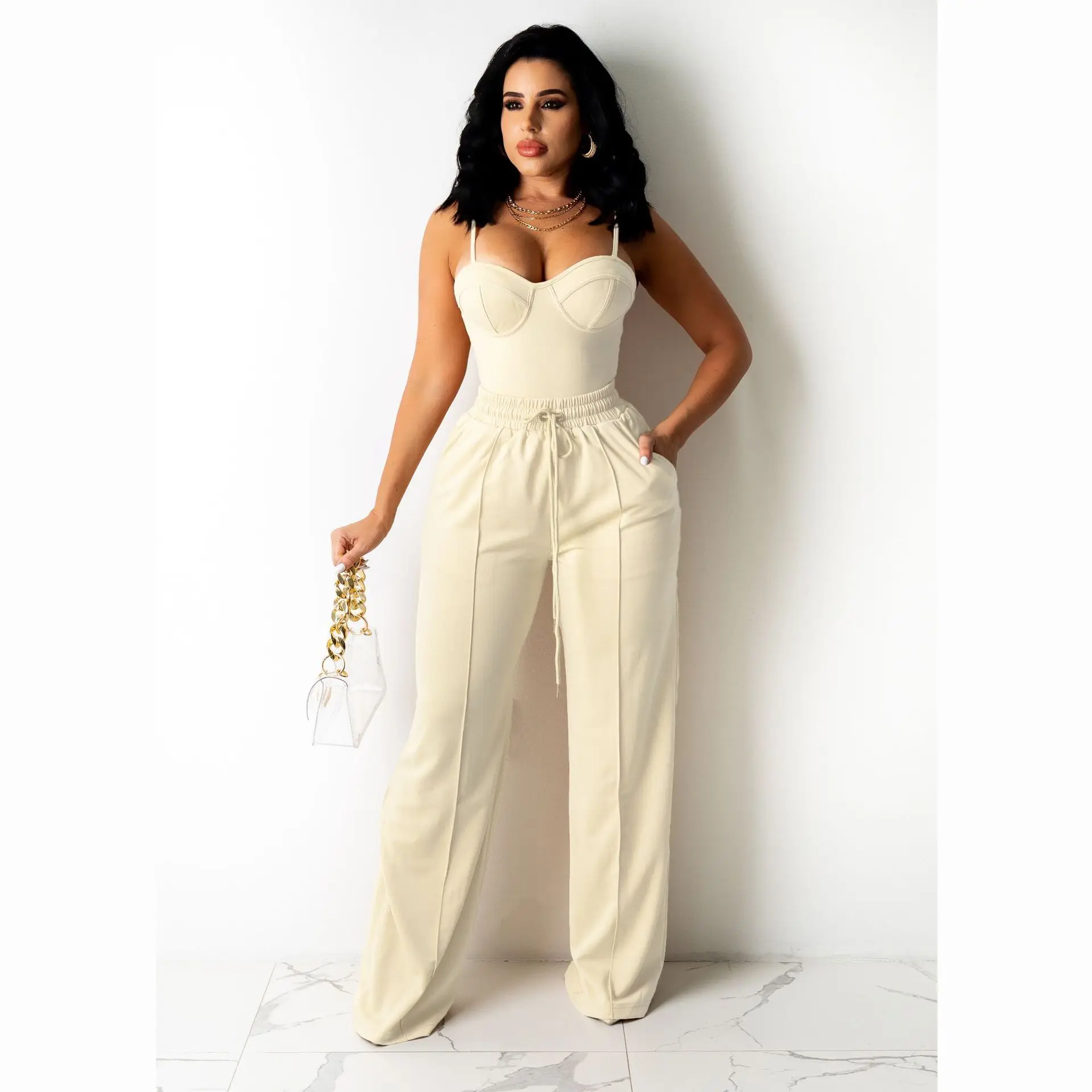

2022 Sexy Women Summer Outfits Solid Color Sleeveless Camisole Crop Tops and Casual Drawstring Wide Leg Pants