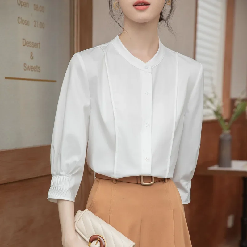 Элегантная женская рубашка с воротником-стойкой и рукавами семь половин элитный