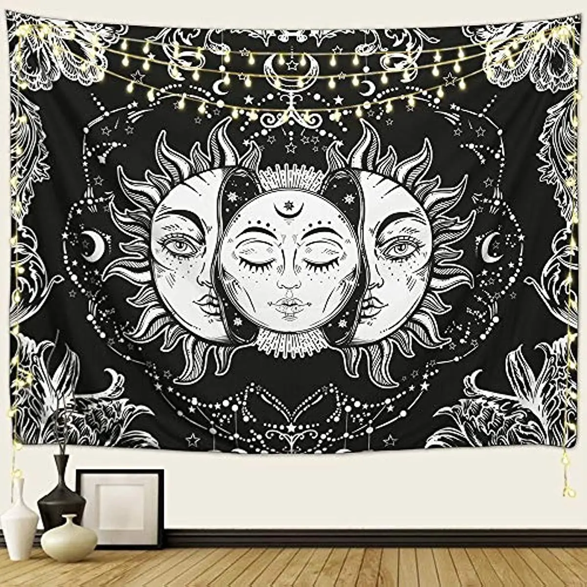 

Sun and Moon Tapestry, Sun with Stars Psychedelic Popular Mystic Wall Hanging Tapestry for bedroom aesthetic Black and White