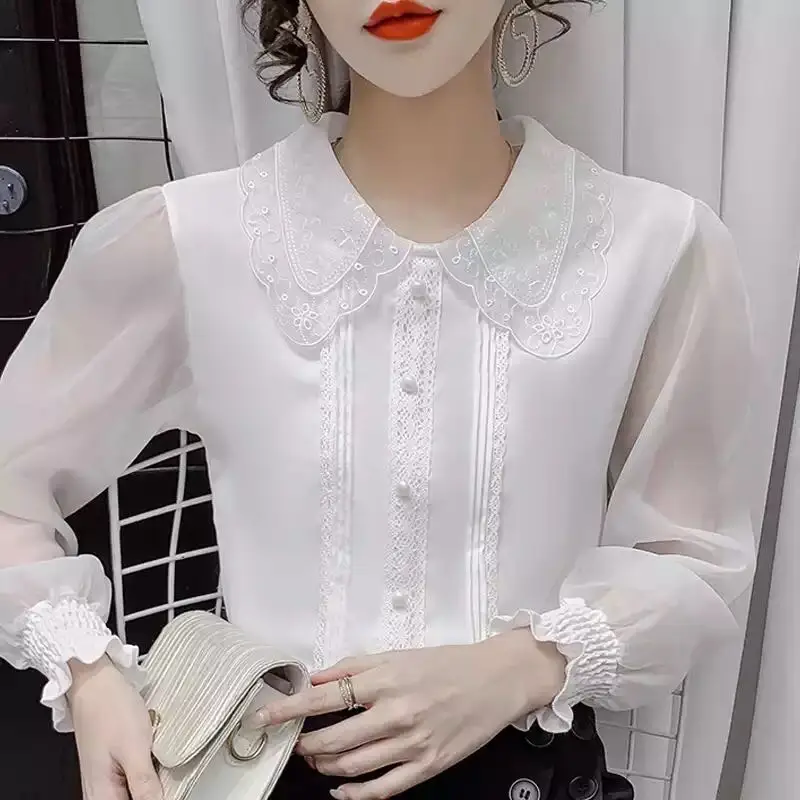 

Autumn Long Sleeve Blouse Women Chiffon Lace White Shirt Ladies Blusas Mujer De Moda 2022 Femme Pullover Tops