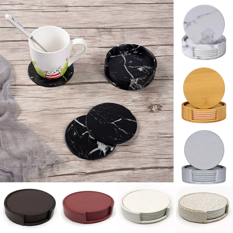 PU Leather 6 Piece Coasters Set Round Imitation Marble Table Placemats Coffee Cup Mat Easy to Clean Tea Holder