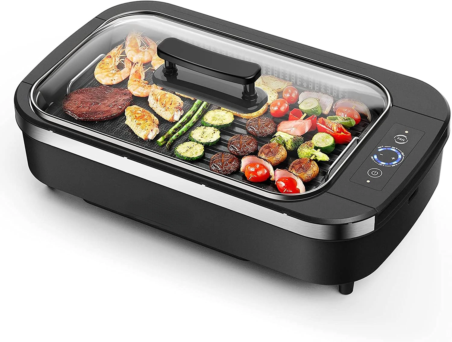 

Indoor Grill- Grill with Tempered Glass Lid, Removable Nonstick Grill Plate, 15" x 9" Surface,Turbo Smoke Extractor Tech