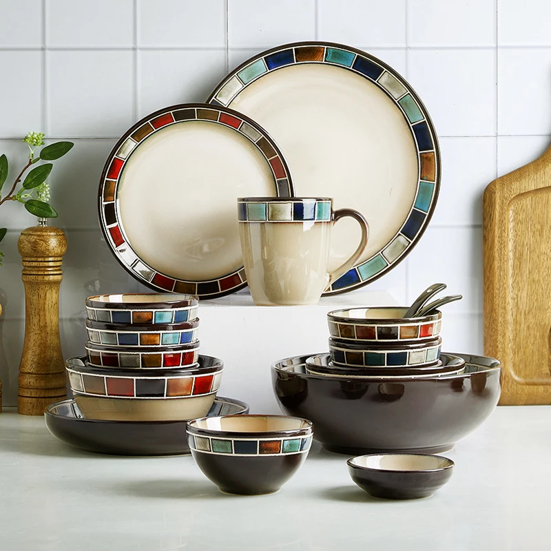 

Outdoor Portable Tableware Napkins Ceramic BowlSoup Spoon Dinner Plates Kitchen Chopsticksjogo De PanelasServing Dishes Sets