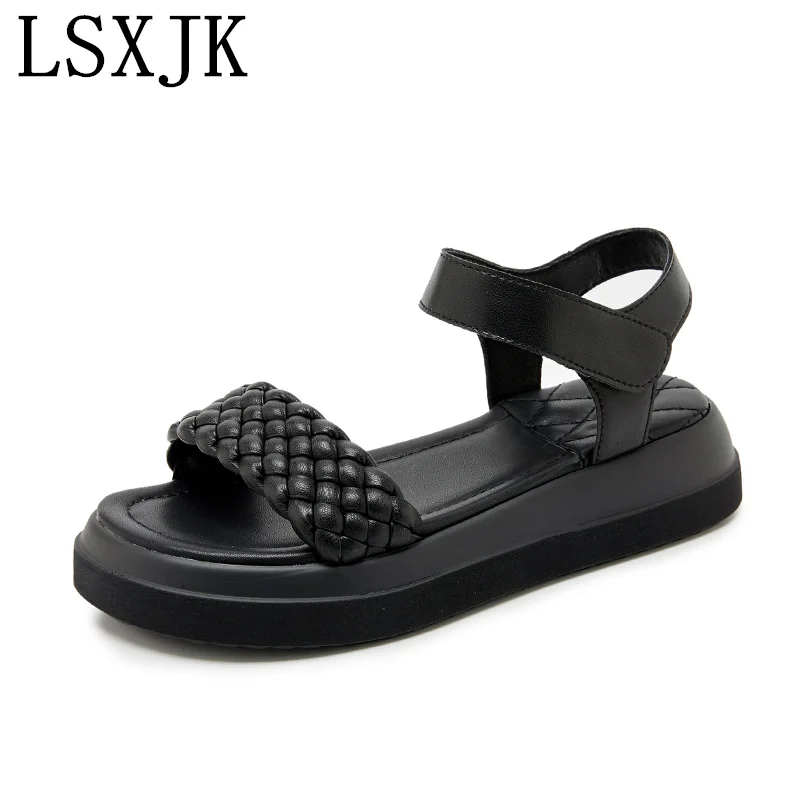 

LSXJK Thick Sole Women's Sandals 2022 Summer New Casual Leather Women's Shoes Twist Weave Roman Beach Shoes