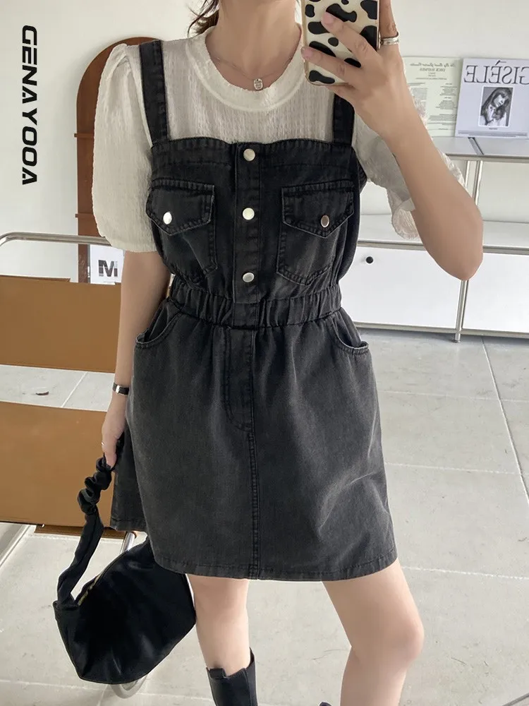 

Женское джинсовое платье на бретельках Genayooa, винтажное мини-платье в Корейском стиле с эластичным поясом, в стиле панк и готика, лето 2022