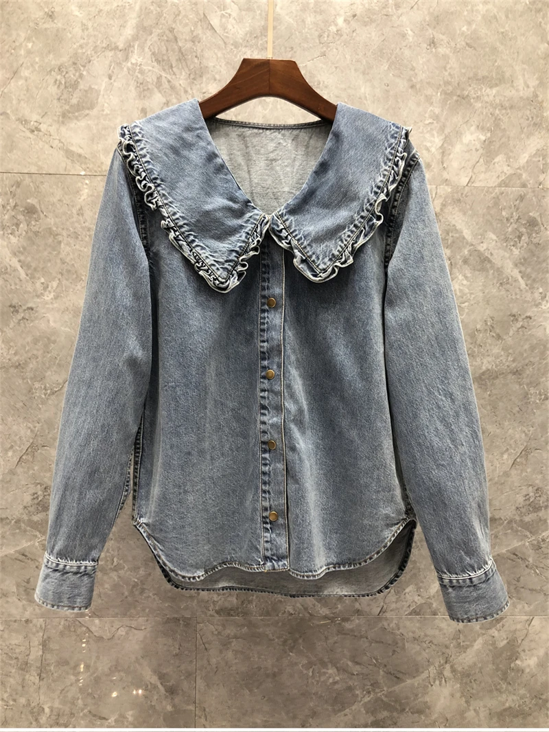 

Guesod Women Cotton Denim Blouse Peter Pan Collar HK Style Vintage Blouse Female Spring Solid Color Designer Blouse New
