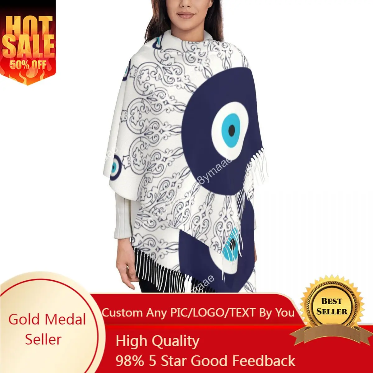 

Navy Blue White Mediterranean Evil Eye Mandala Pattern Tassel Scarf Women Winter Warm Shawl Wrap Lady Bohemian Boho Scarves