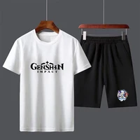 game genshin impact boys male casual short sleeve top pants suits streetwear tops tshirts cotton mens t shirt set