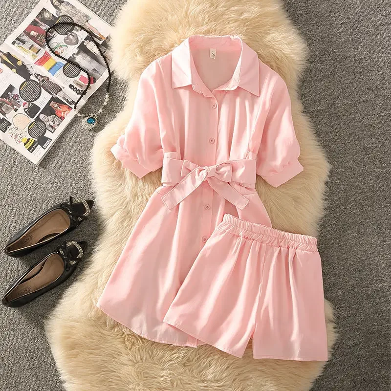 Лето 2023 повседневные модные шорты топ синяя рубашка средней длины с завязками