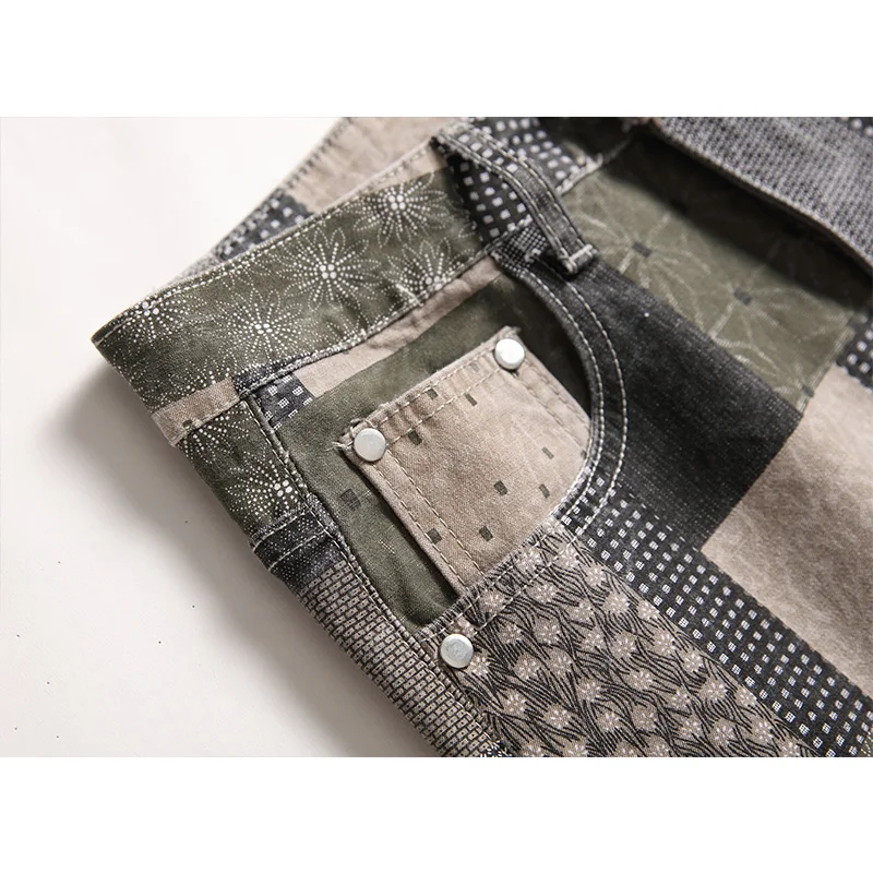 Men Jeans Colorful Personalized Fashion Printed Patchwork Plaid Elastic Straight Streetwear Mens Jeans Full Length Denim Pants