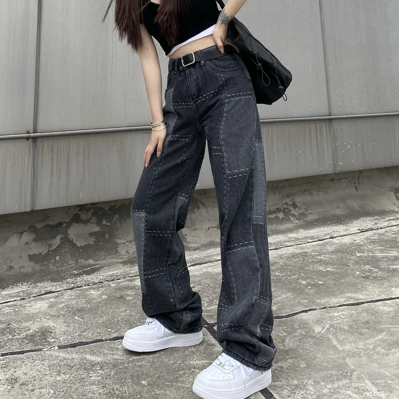 

Женские состаренные джинсы с нашивками, модная готическая одежда, уличная одежда в японском стиле для девочек-подростков, мешковатые джинсовые брюки с широкими штанинами, 2021