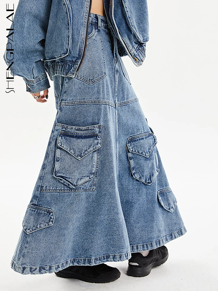 

SHENGPALAE Fashion Women's Skirt Washing Denim High Waist Loose Pocket Solid Color Zipper A-line Skirts Spring 2023 New Trendy