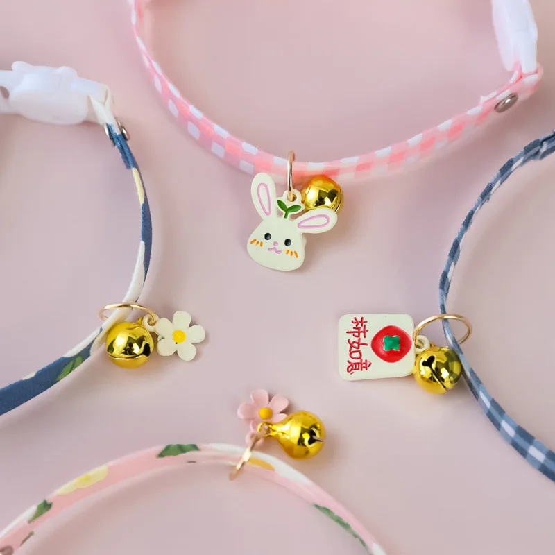 

1PCS Adjustable Cute Rabbit Cat Collar With Bells Candy Color Fashion Summer Safety Buckle Necklace Nylon Pet Dod Collars