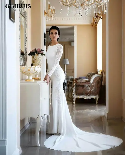 Elegant Mermaid Wedding Dresses Long Sleeves Lace Appliqued Beaded Brush Train Bridal Gowns Floor-Length Vintage Plain Dress 1