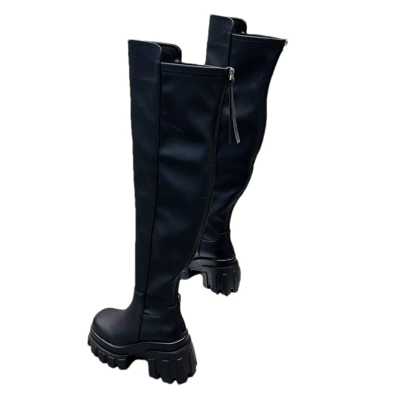 Кожаные женские высокие сапоги на массивном массиве модные ботинки высоком