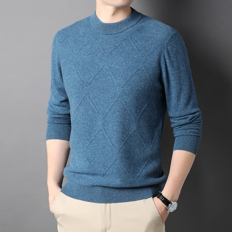 

Men 'S Woolen Sweater Round Neck Thickened Rhombus Jacquard Solid Color Winter Warm Pure Wool Men 'S Bottoming Sweater
