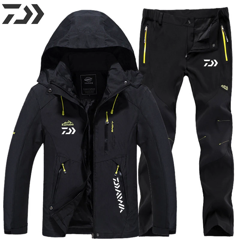 

Daiwa Men New Spring Autumn Hiking Fishing Camping Climbing Trekking Jackets Waterproof Breathable Hood 5XL Pants Suit Trousers