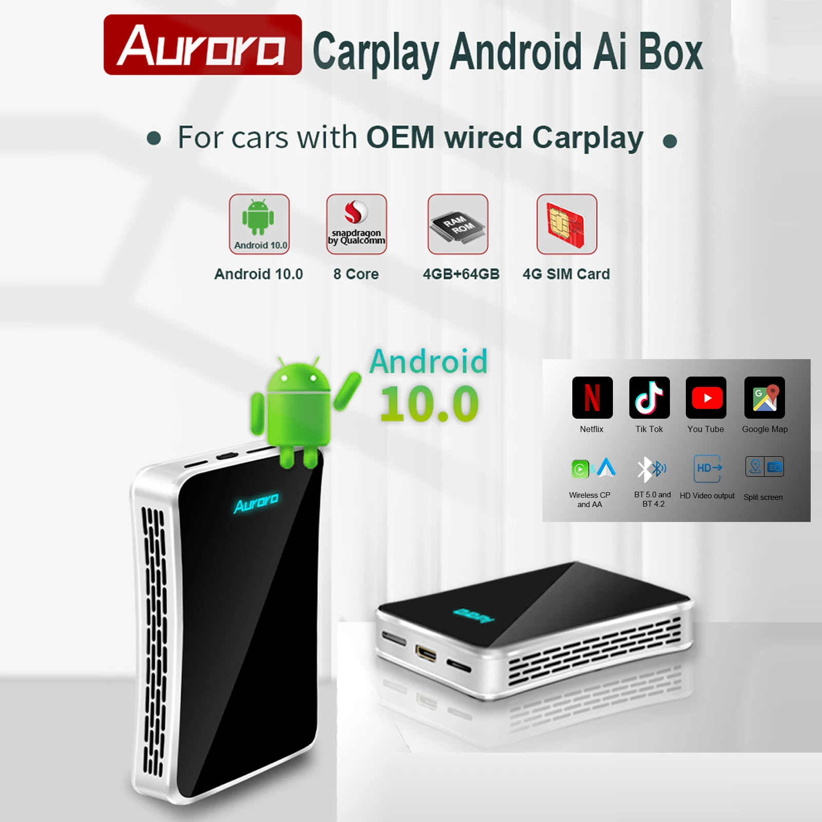 

CarPlay Ai Box Android 10,0 Автомобильный плеер 64G, автомобильный мультимедийный плеер, аудио-навигация, поддержка Netflix, YouTube, TikTok