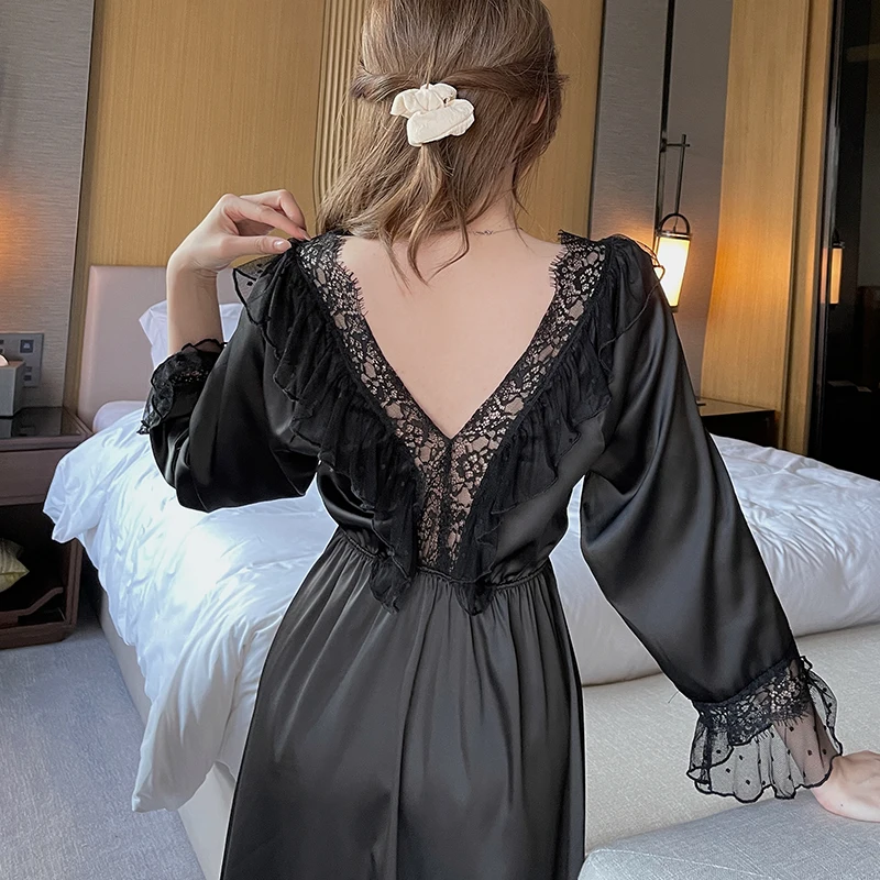 Sexy V Neck Summer Clothes Dresses Women Princess Satin Nightgown French Ruffle Lace Nightdress Silk Sleepwear Retro Long Sleeve