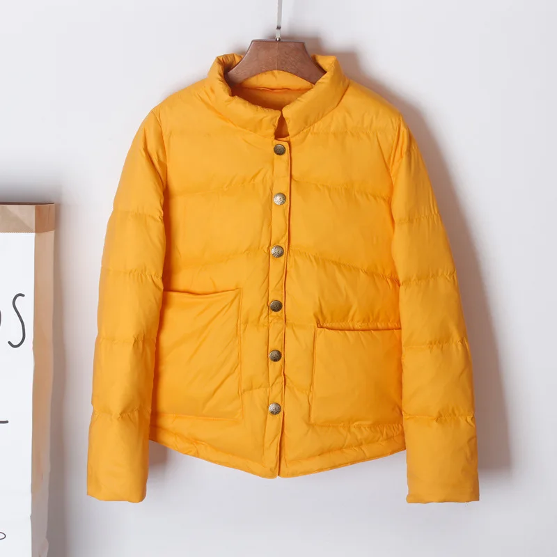 Slim Puffer Jacket Autumn Winter Women Short Pocket Solid Colors Ultra Light Duck Down Coat Oversize Parkas with Single Breasted