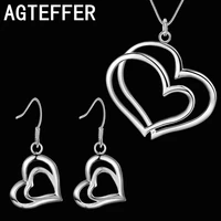 925 sterling silver jewelry sets for women fine double heart earrings stud necklace 18 inch fashion party wedding girl gifts