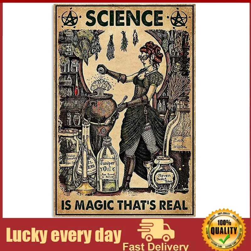 

Science is Magic That's Real Witch Vintage Metal Tin Sign Witchcraft Baking Kitchen Decor Iron Painting for Home Garden Black