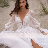 boho wedding dresses 2022 lace applique v neck sexy wedding gowns long puff sleeve sweep train simple bride dress robe de mariee