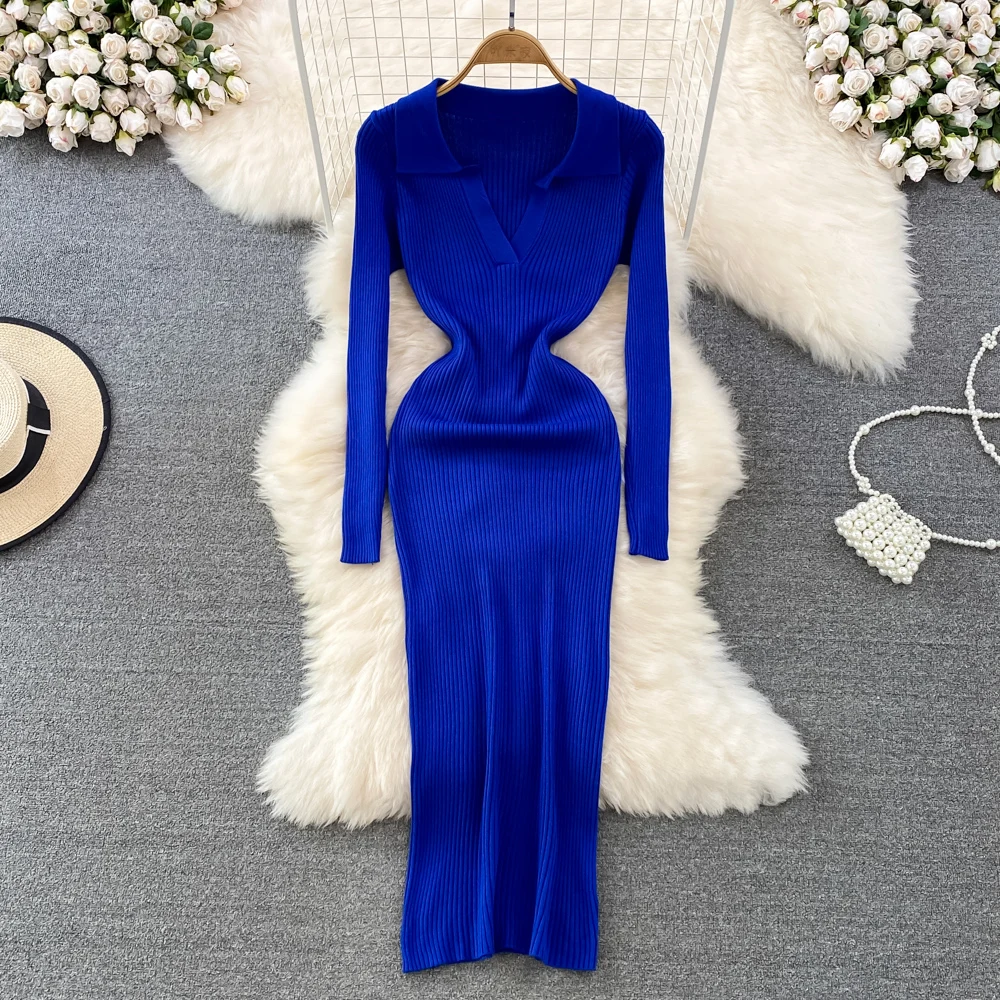 

French Retro V-neck Bag Hip Bottoming Over-knee Mid-length Sweater Skirt 2022 Autumn and Winter Thin Knitted Dress Women