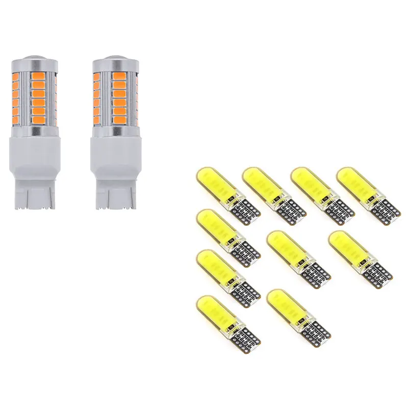 

10Pcs T10 W5W COB LED Car Auto Interior Bulb & 2x 7443, T20 LED Bulbs Amber Yellow 900 Lumens Turn Signals Light