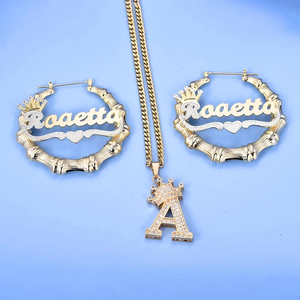Customized Jewelry Set Personalized Crown Initial Necklace and Two Tone Bamboo Hoop Name Earrings Personalized Custom Plated Set