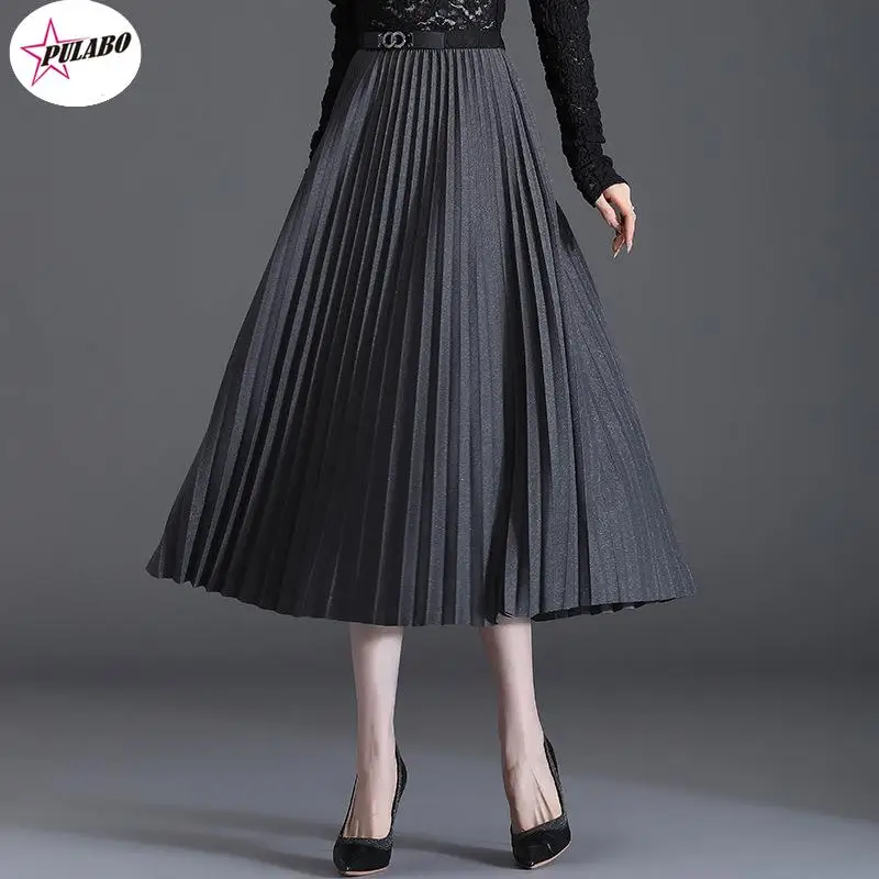 

Женская плиссированная юбка с поясом, Повседневная однотонная универсальная трапециевидная юбка с высокой талией, Осень-зима 2022