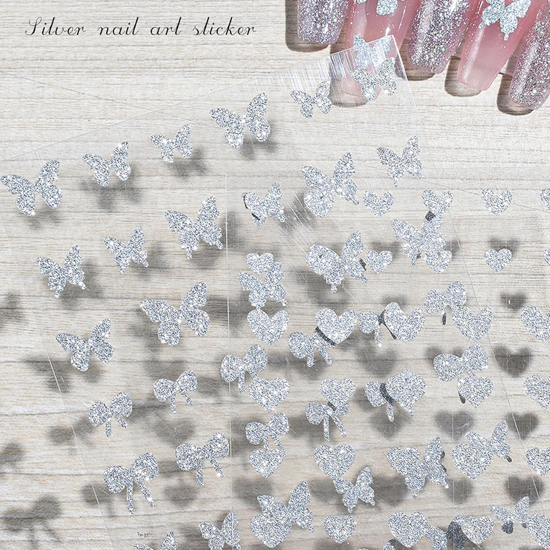 Наклейки для ногтей со сверкающими серебряными сердечками пятиугольными