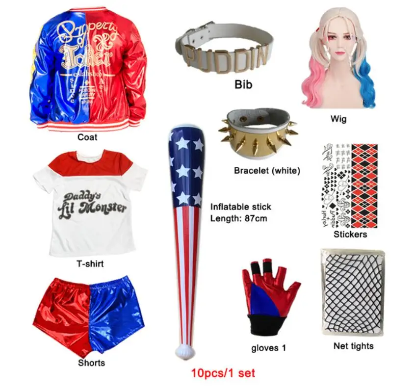 

Adult Women Harley Costume Quinn Cosplay Suicide Girl Squad Jacket T-Shirt Shorts Embroidery Sets Monster Clown Carnival Party