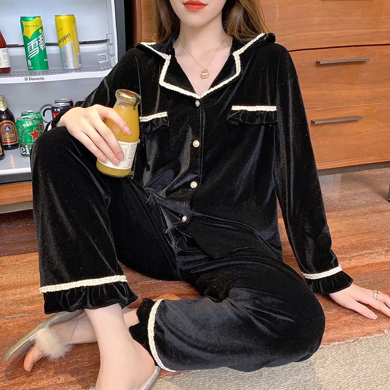 Women Velvet Comfortable Soft Pajamas Spring Autumn Winter Solid Color Pajamas Set Home Clothes