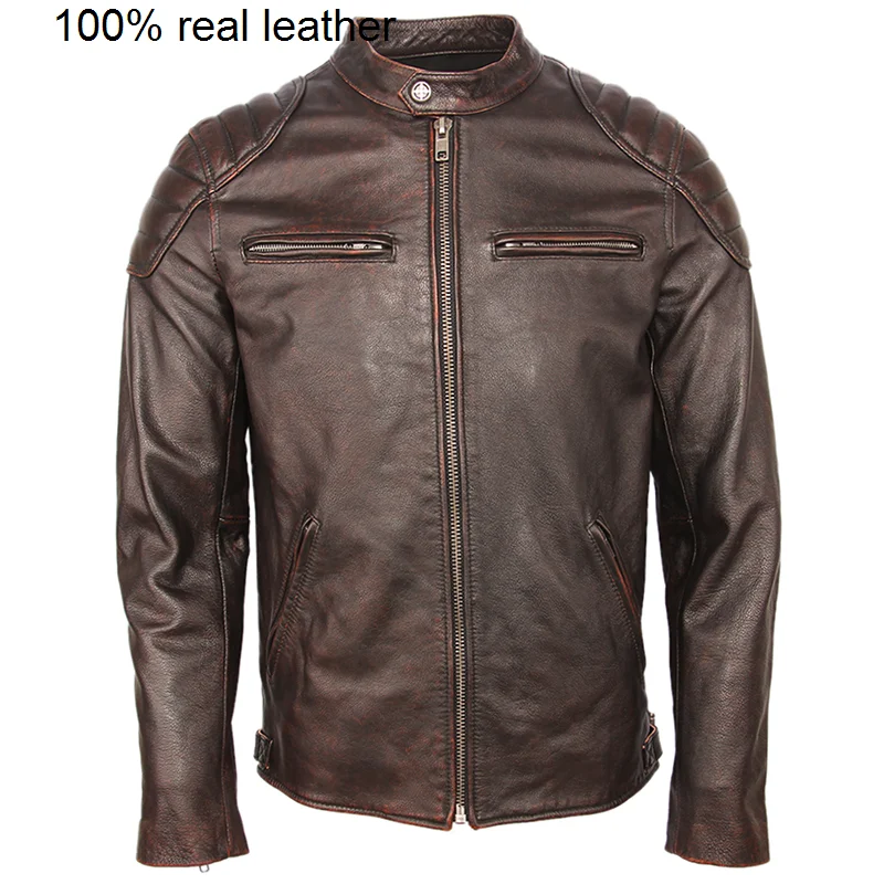 

Мужская винтажная потертая байкерская куртка из 100% натуральной воловьей кожи