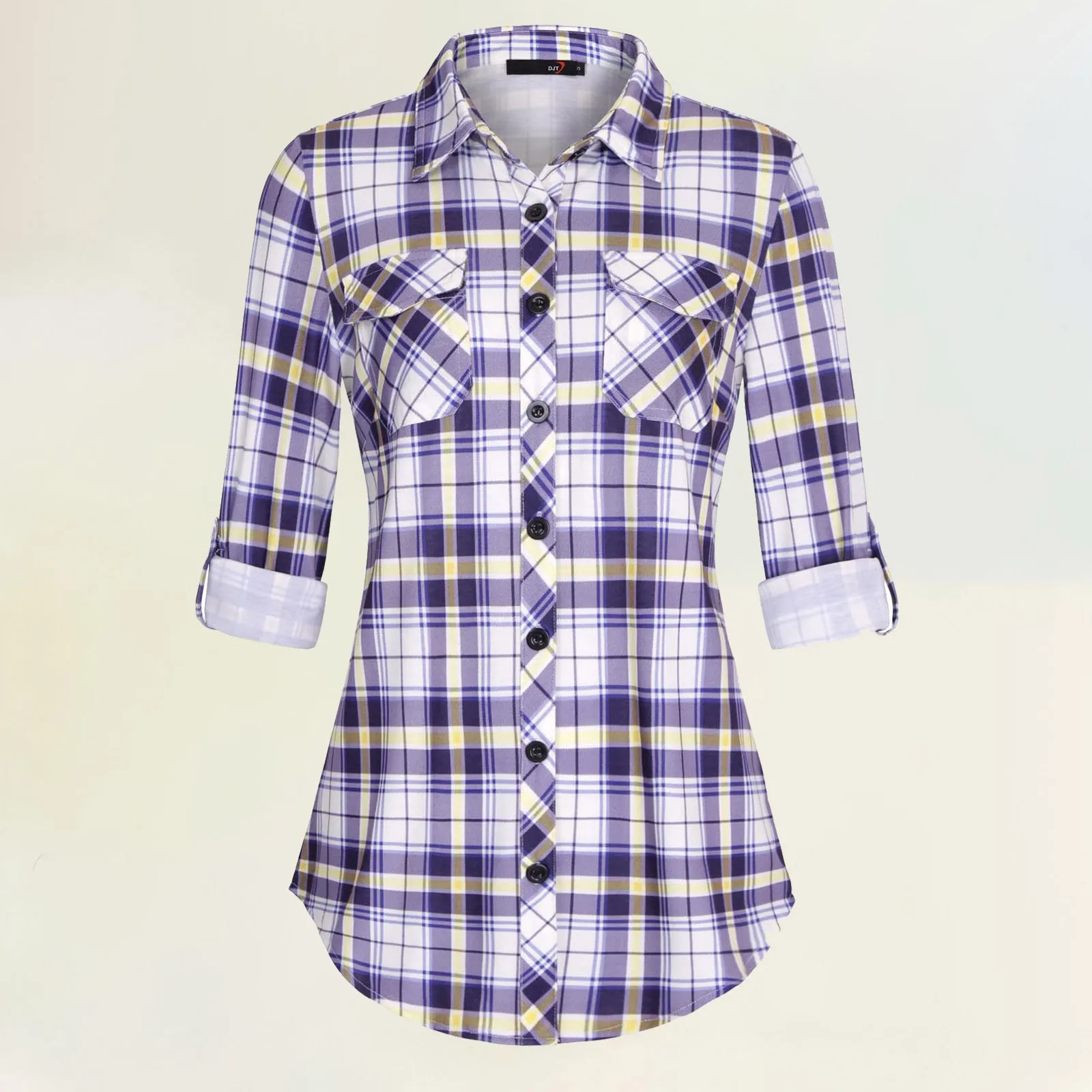 Autumn Winter Women Plaid Shirts Soft Stretchy Knit Roll Up Long Sleeve Collared Button Down Blouses Tops Fashion Streetwear