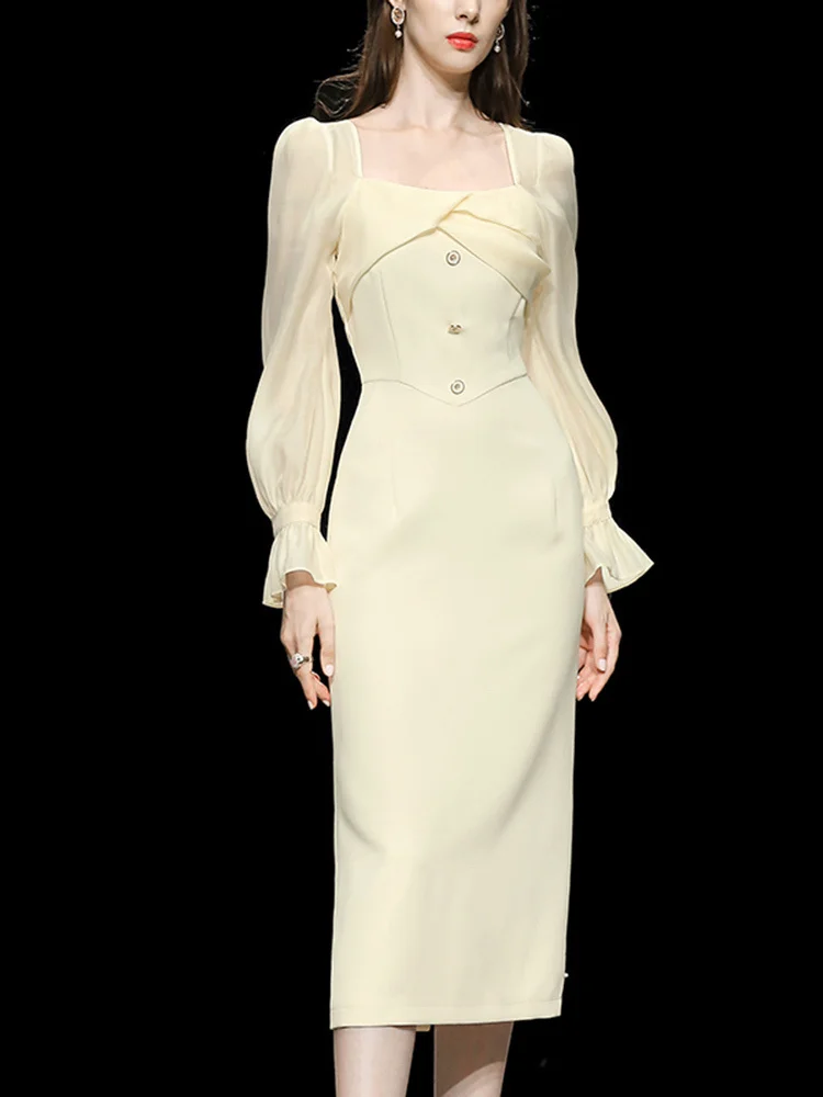 DEAT Women's Fashion Dress Square Collar Flare Sleeve Single Breasted High Waist Female Elegant Dresses Autumn 2023 New 13DB735