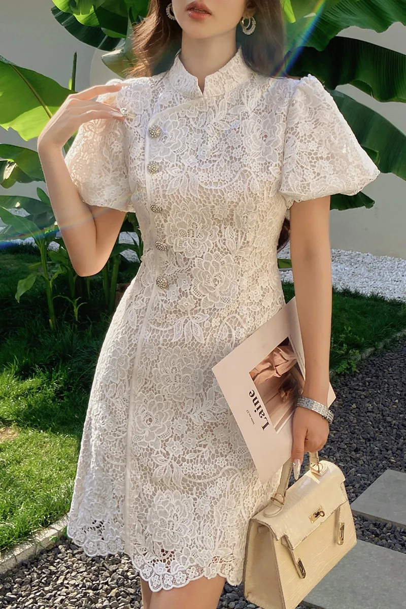 DABUWAWA Tienda Vestidos Elegantes Para Women Lace Dress For Chinese StyleHook Flower Hollow Skirt Y2K DA1BDR087