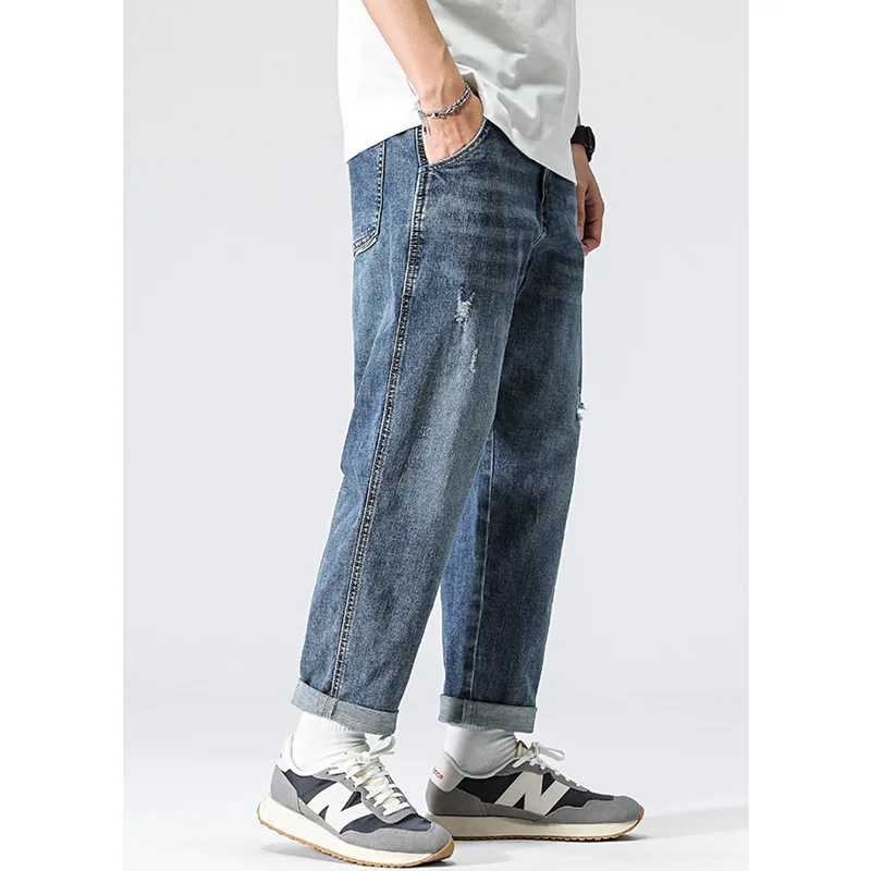 Streetwear Men New Pattern Vintage Recreational Blue Pants American Straight Cylinder Comfortable Loose Jeans 2022 Autumn Female