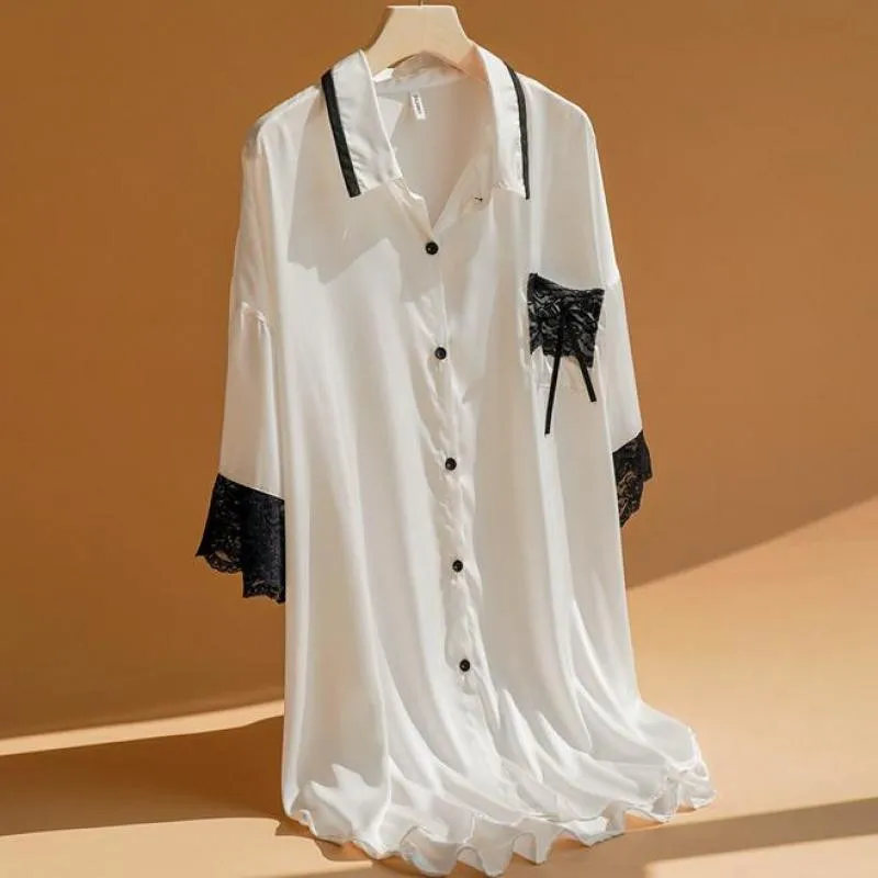 

Oversized Lace Patchwork Nightdress Women Sleepwear Thin Satin Lingerie Sleep Shirt With Buttons Turn-down Collar Lounge Wear