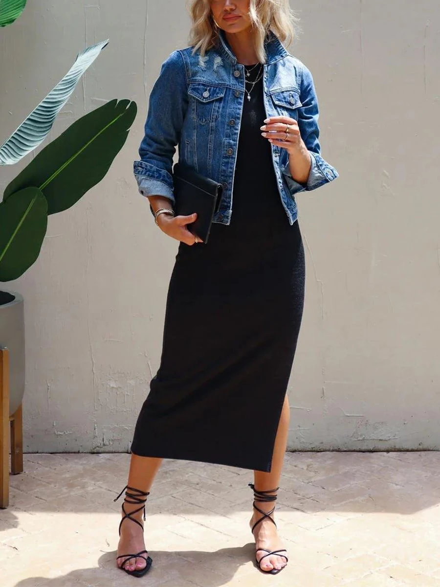 

Women's Spring Fall Casual Denim Coats Blue Long Sleeve Button Down Cropped Jean Jackets