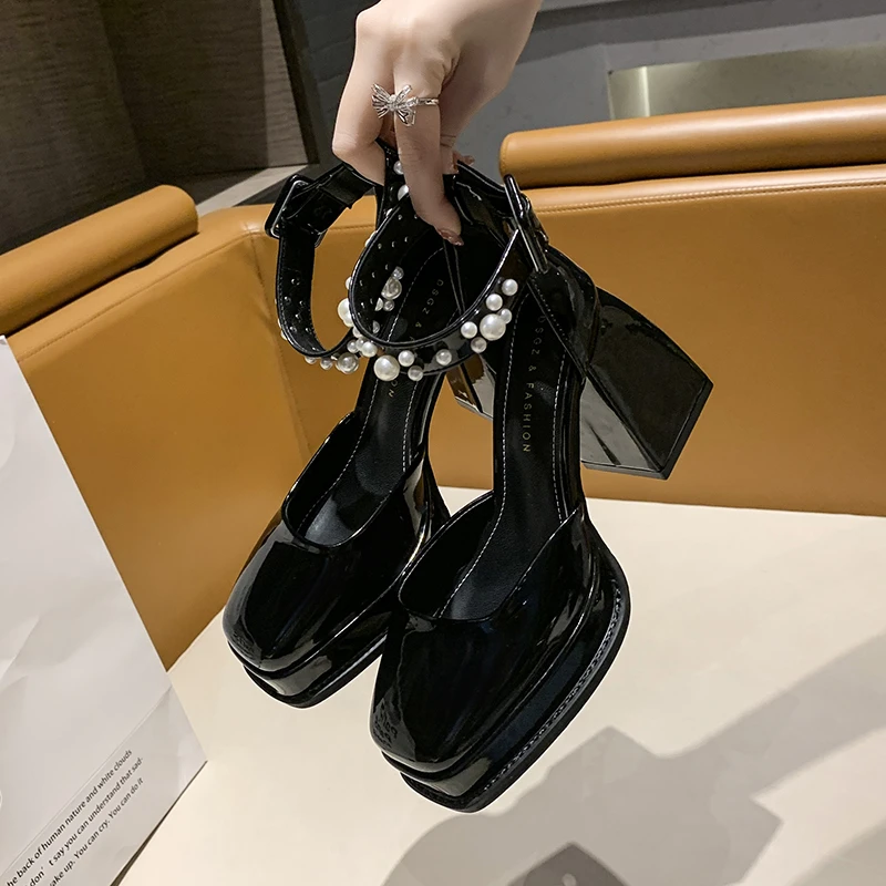 

Женские туфли-лодочки на толстом каблуке, туфли на платформе с квадратным носком, кружевом, бантом, жемчугом и ремешком, 2023