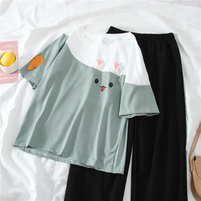 Кавайная рубашка и брюки костюм для женщин 2022SS повседневная женская футболка из