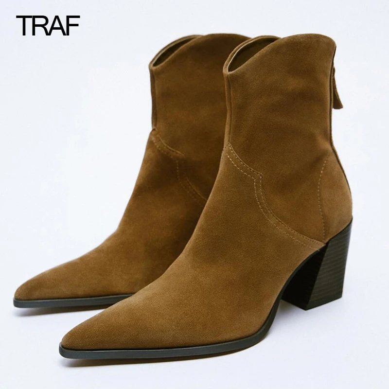 TRAF Ankle Boots Woman Winter 2022 Heeled Brown Cowboy Chelsea Ankle Boots Woman Fashion Elegant Women's Short Leather Snow boot