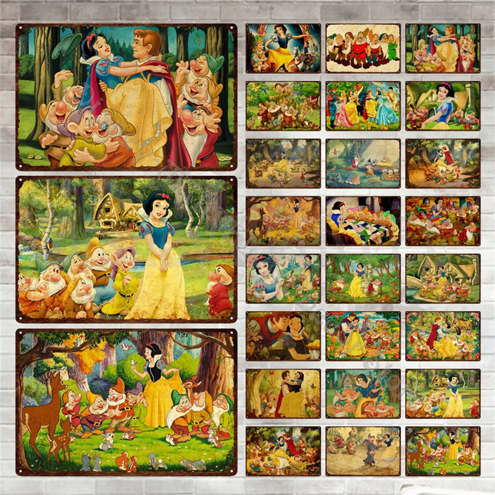 Snow White and The Seven Dwarfs Vintage Metal Sign Disney Cartoon Poster Tin Plate Bar Shop Door Plaque Wall Sticker Decor