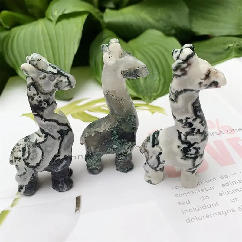 

8cm Natural Moss Agate Giraffe Crystal Animals Healing Stone Ornament For Home Decoration Accessories Gift 1pcs
