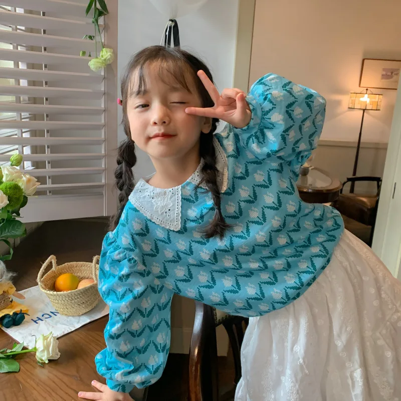 

2022 Autumn New Luxury Kids Clothing Tops Women Baby Korean Lace Collar Shirts Loose Puff Sleeve Shirts Boutique Clothing