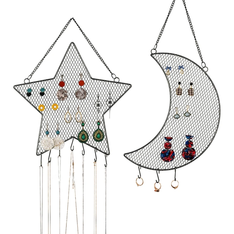 

Star Moon Wall Mounted Grid Jewelry Display Stand with S Hooks Earrings Stud Holder Bracelet Necklaces Jewelry Storage 918F