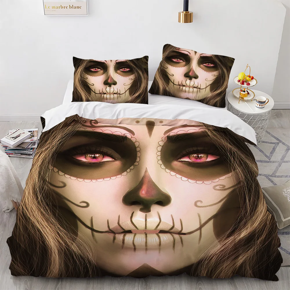 

Sugar Skull King Queen Duvet Cover Day of The Dead Skeleton Bedding Set for Teen Adult Red Rose Lady Skull Polyester Quilt