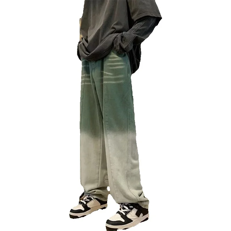 Green Black Baggy Jeans Men Fashion Retro Oversized Wide Leg Jeans Mens Streetwear Hip Hop Loose Straight Denim Trousers Men